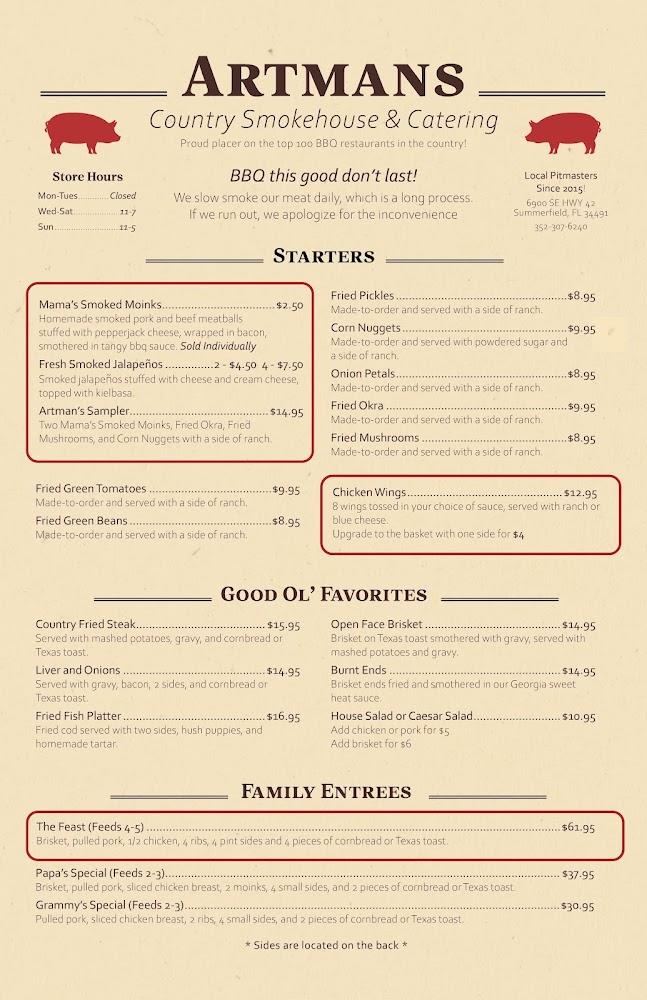 Artman Country Smokehouse Menu image 1